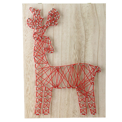 Wooden String Reindeer Wall Art Decoration - 11" - Red and Beige