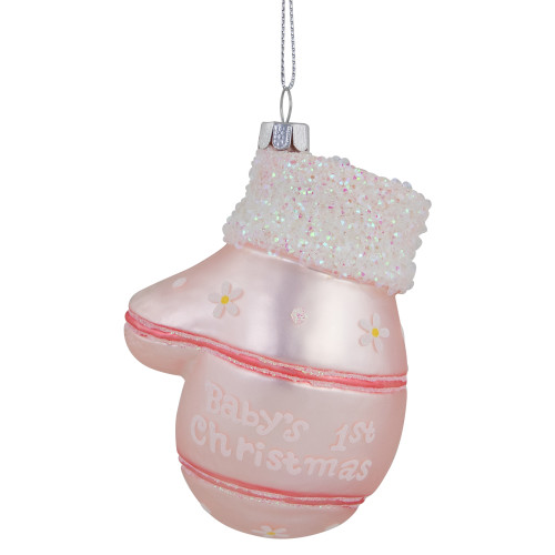 Baby's 1st Christmas Mitten Glass Ornament - 4" - Pink