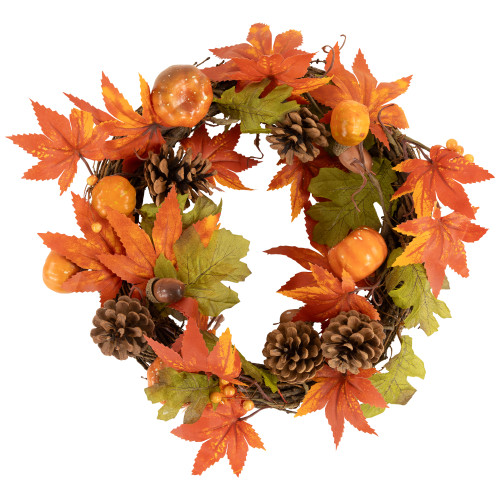 Maple Leaves with Pine Cones and Pumpkins Small Fall Harvest Artificial Wreath - 12"