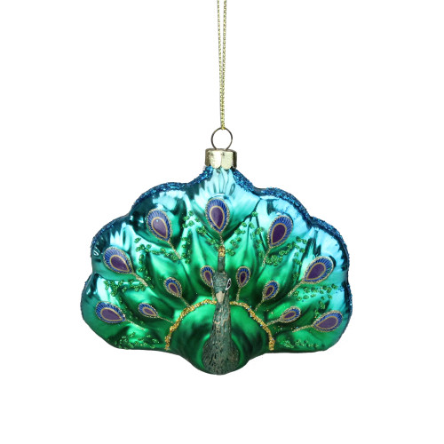 4.25" Blue and Green Peacock Glittered Glass Christmas Ornament