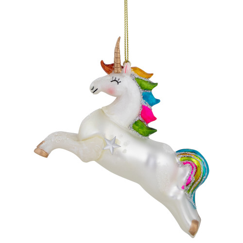 4.5" White Unicorn with Rainbow Mane Glittered Christmas Glass Ornament