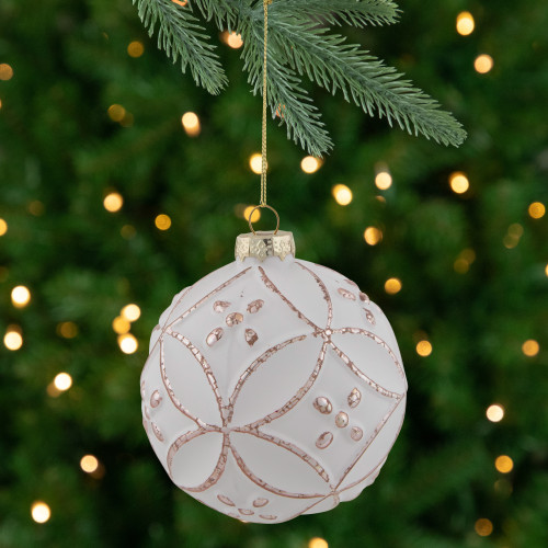 Embossed Floral Matte Glass Christmas Ball Ornament - 3.75" (95mm) - White and Rose Gold
