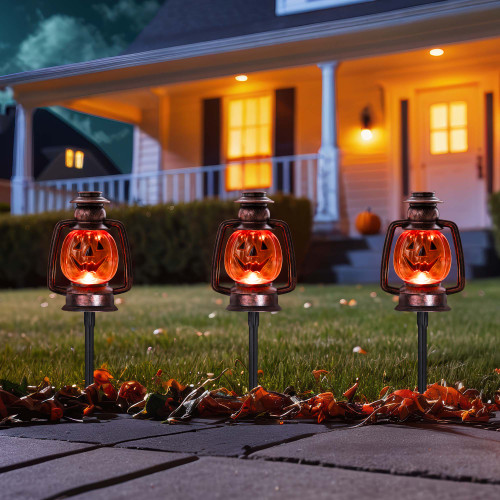 Flickering Jack O' Lantern Halloween Outdoor Pathway Markers - 16.75" - Set of 3