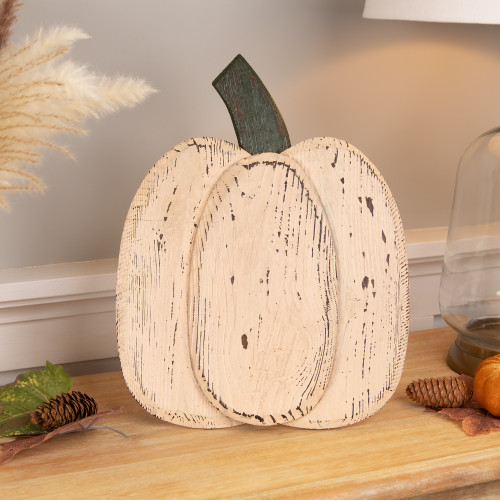 Wooden Fall Harvest Pumpkin Decoration - 14.25" - Cream and Brown