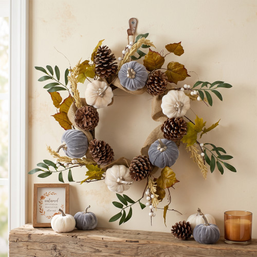 Pumpkins and Pinecones Artificial Burlap Fall Harvest Wreath - 24" - Beige and Green