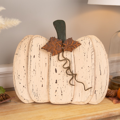 Rustic Wooden Fall Harvest Pumpkin with Leaves and Stem - 15"