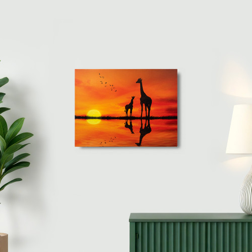 LED Back Lit Sunset Safari Giraffe and Baby Canvas Wall Art - 11.75" x 15.75"