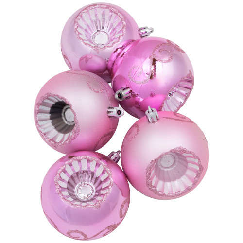 Retro Reflector Shatterproof 2-Finish Christmas Ball Ornaments - 3.25" (80mm) - Pink - 5ct
