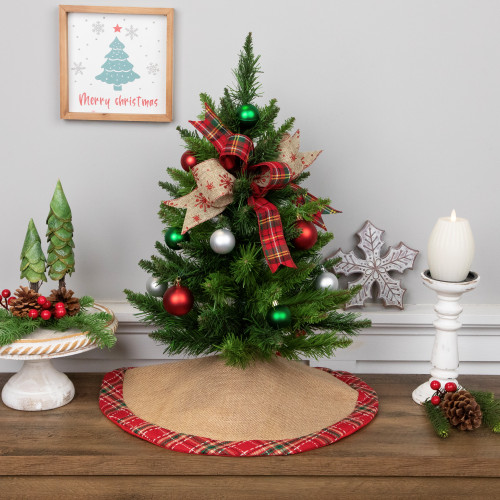 Burlap Mini Christmas Tree Skirt with Red Plaid Border - 20"