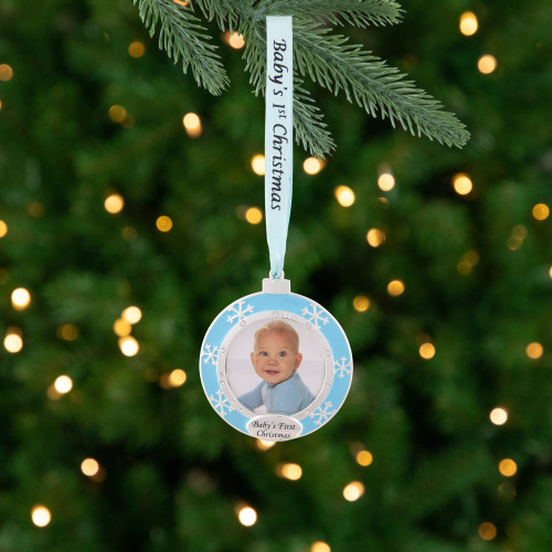 Baby's First Christmas Photo Ornament with European Crystals - 3" - Blue and Silver