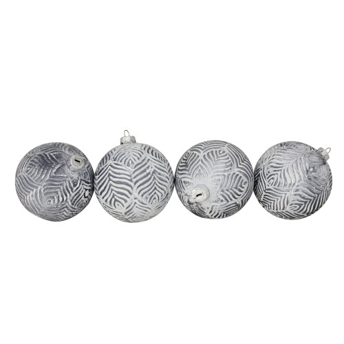 Embossed Leaves Glass Christmas Ball Ornaments - 4" (100mm) - Gray - 4ct