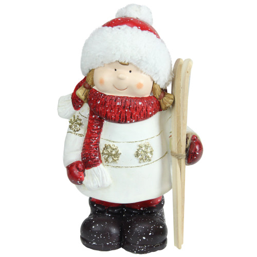 11" Red and White Terracotta Girl with Skis Christmas Tabletop Figurine