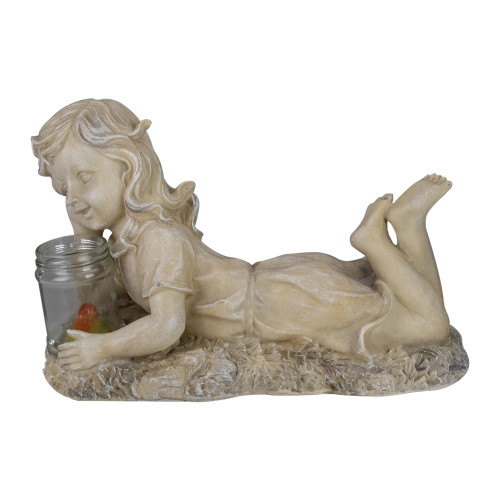 14.5" Beige and Brown LED Lighted Solar Powered Lounging Girl Outdoor Garden Statue