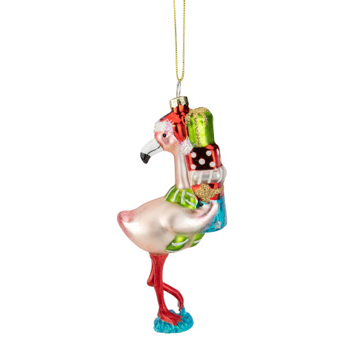 5.5" Pink Flamingo with Presents Glass Christmas Ornament