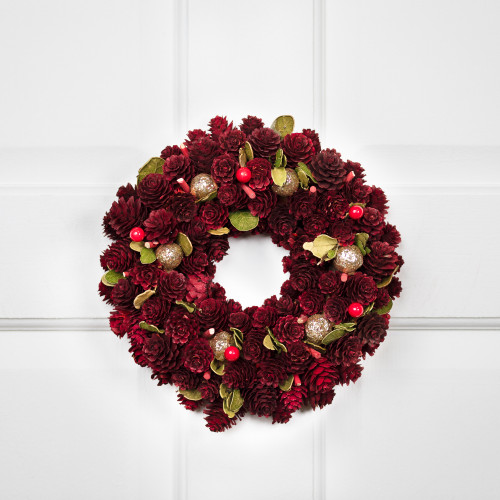 9.5" Red and Gold Pine Cone and Ornament Artificial Christmas Wreath - Unlit