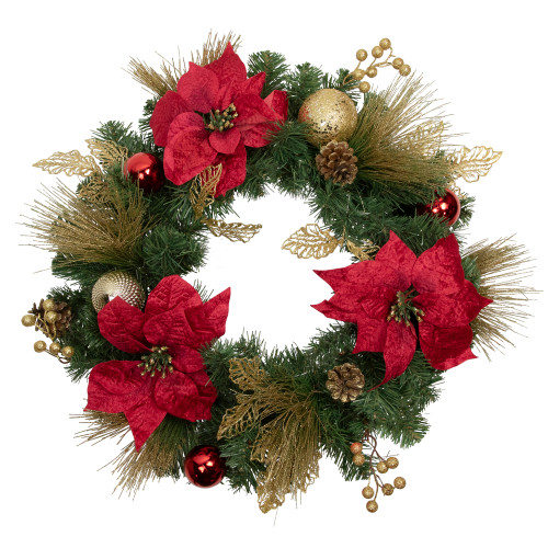 Poinsettias and Ball Ornaments Artificial Christmas Wreath - 24" - Unlit