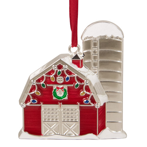 3.5" Red and White Barn House with Crystals Christmas Ornament