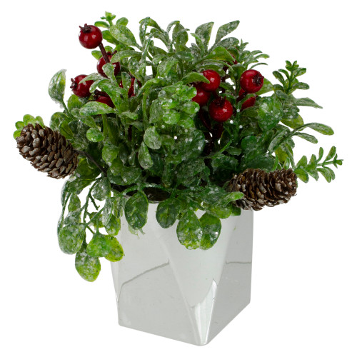 8" Green and Silver Potted Artificial Boxwood with Berries Christmas Arrangement
