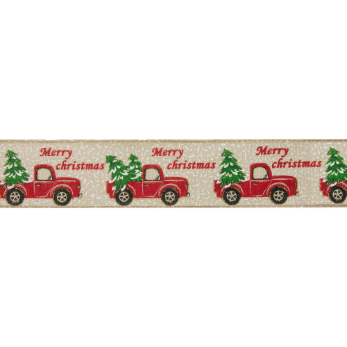 Green and Red Vintage Trucks with Christmas Trees Wired Craft Ribbon 2.5" x 16 Yards