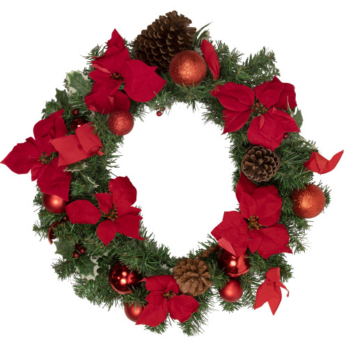 Poinsettia with Pinecone and Ornament Artificial Christmas Wreath - 24" - Unlit