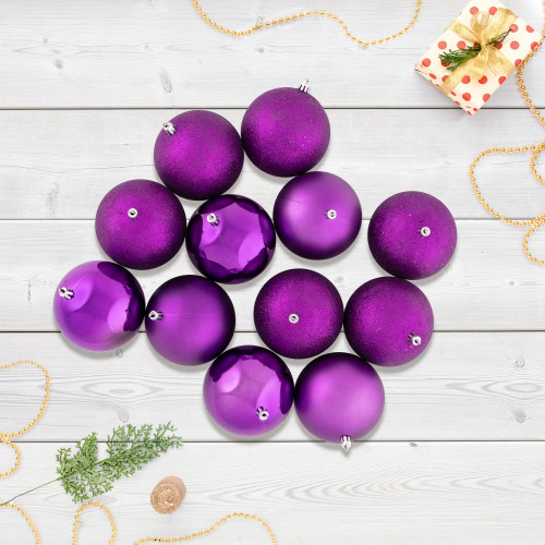 Shatterproof 4-Finish Christmas Ball Ornaments 4" (100mm) - Purple - Set of 12