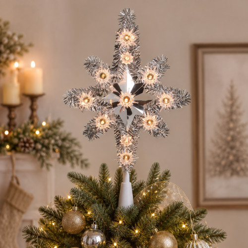 11" Silver Lighted Tinsel Star of Bethlehem Christmas Tree Topper - Clear Lights
