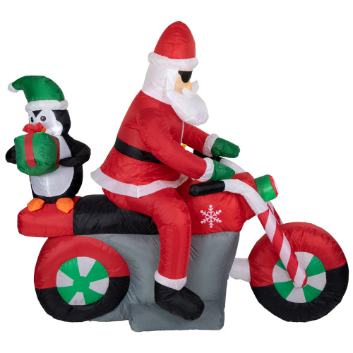 LED Lighted Santa and Penguin on Motorcycle Outdoor Christmas Inflatable - 5'