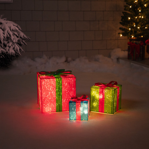 Lighted Gift Box Outdoor Christmas Decoration - 10" - Multicolor -Set of 3