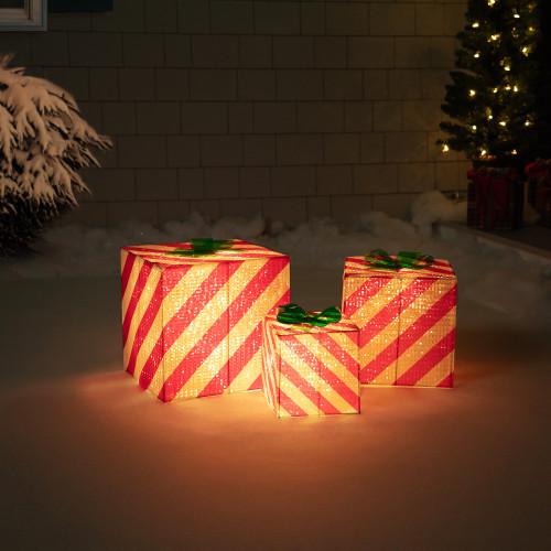 Lighted Gift Box Outdoor Christmas Decoration - 12", 10" and 7.5" - Red and White - Set of 3