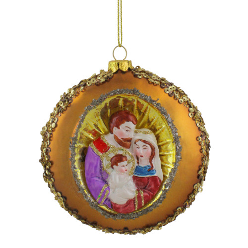 4" Joseph, Mary and Baby Jesus Sequin Religious Glass Disc Christmas Ornament