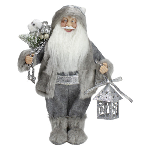 Faux Fur Standing Santa Claus Christmas Figurine with Bag and Lantern - 12"