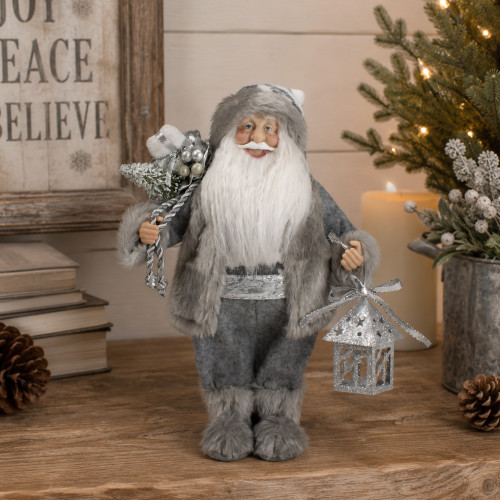 Faux Fur Standing Santa Claus Christmas Figurine with Bag and Lantern - 12"