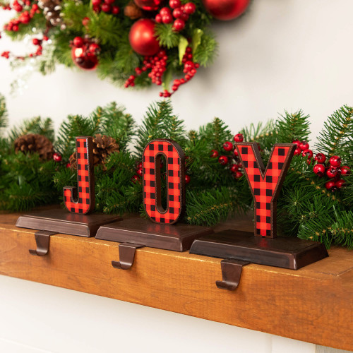 Set of 3 Red and Black Buffalo Plaid "JOY" Christmas Stocking Holder 6"