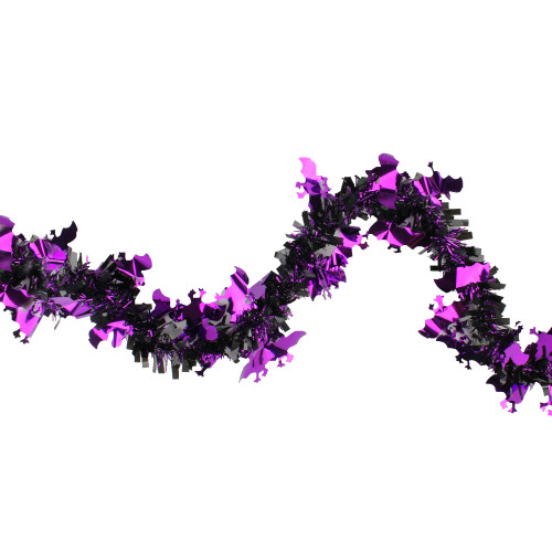 Black with Purple Bats Halloween Tinsel Garland - 50 feet, Unlit