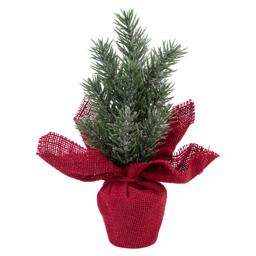 8.5" Mini Pine Christmas Tree in Red Burlap Pot - Unlit