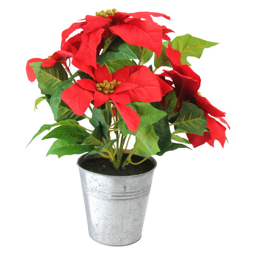 15.5" Red and Green Artificial Poinsettia Christmas Flower Arrangement in Silver Pot
