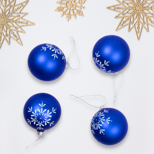 Snowflake Christmas Glass Ball Ornaments - 3" (75mm) - Royal Blue - 4ct