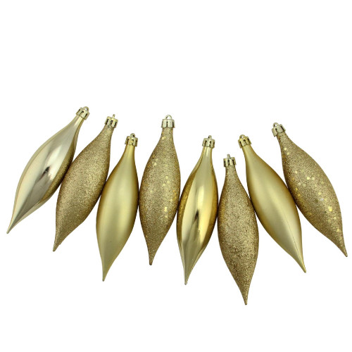 Shatterproof 4-Finish Finial Drop Christmas Ornaments - 5.5" - Vegas Gold - 8ct