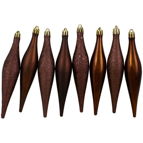 8ct Brown Shatterproof 4-Finish Christmas Finial Drop Ornaments 6"