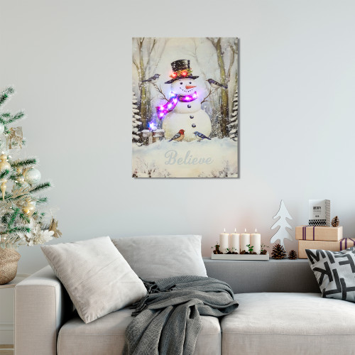 LED Lighted Snowman and Birds Believe Christmas Canvas Wall Art - 11.75" x 15.75"