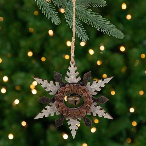 Snowflake with Jingle Bell  Wooden Christmas Ornament - 6" - Brown and Beige