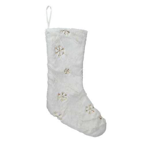 18" White Faux Fur Christmas Stocking with Gold Sequined Snowflakes