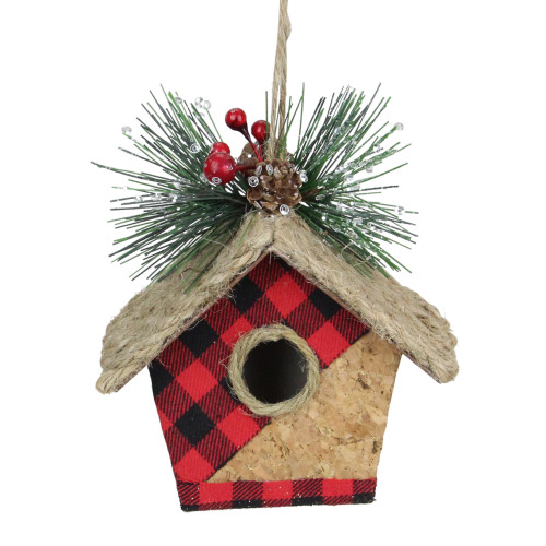 Buffalo Plaid Hanging Bird House Christmas Ornament - 5.75" - Red and Black