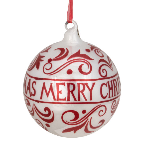 Shiny Red and White "MERRY CHRISTMAS" Glass Ball Ornament 4.5" (115mm)