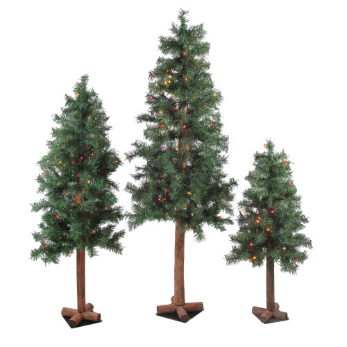 Pre-Lit Slim Woodland Alpine Artificial Christmas Trees - 5' - Multicolor Lights - Set of 3