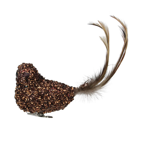 Sequined Bird with Feather Tail Christmas Clip-on Ornament - 6.5" - Bronze-tone