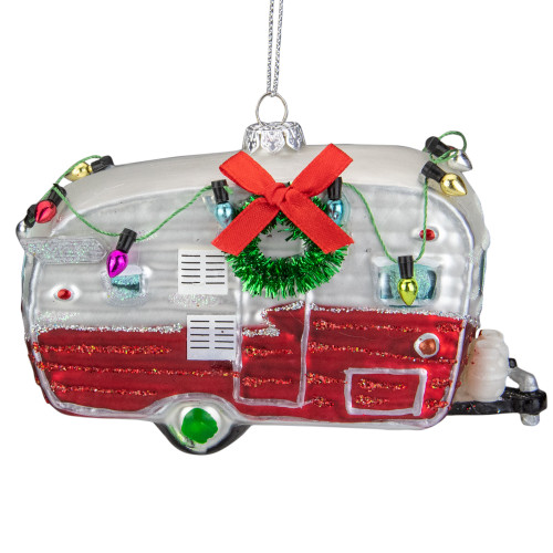 Vintage Camper Glass Christmas Ornament - 5" - Red and Silver
