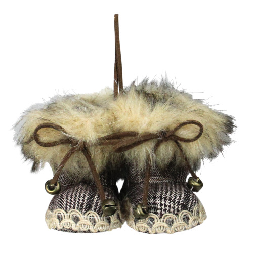 Houndstooth Booties with Faux Fur Trim Christmas Ornament - 3"