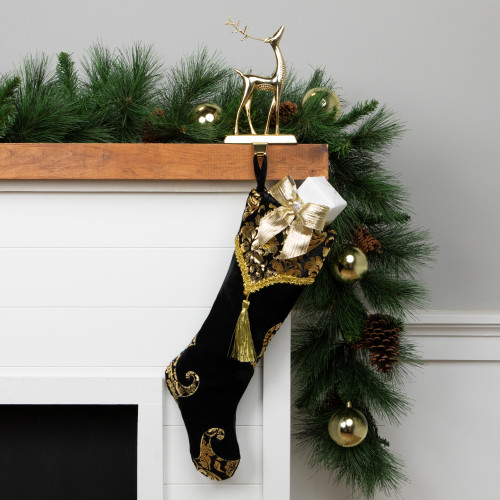 21.5" Black and Gold Damask Velveteen Christmas Stocking with Tassel