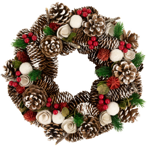 White Wooden Rose and Pine Cone Artificial Christmas Wreath - 14" - Unlit